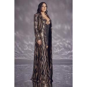 Elegant Black and Gold Sequin Long Coat